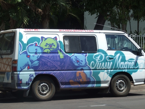 Wicked Campers are popular, and they often have a German at the wheel. I think this was Borat's camper. Great success!